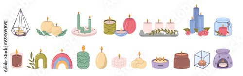 Modern and classic candles on candlesticks. Vector isolated candlelight for home interior design and accessories for apartment or dwelling. Heating and atmospheric decor, spa salon or meditation