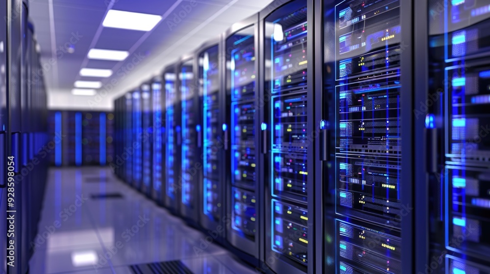 Servers Data Center: 4 Rows of Servers in a Data Room with Computer Hardware for Bandwidth and Broadband Connectivity Servers Data Center: 4 Rows of Servers in a Data Room with Computer Hardware for Bandwidth and Broadband Connectivity