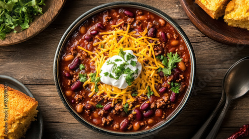  hearty bowl of chili with beans and toppings beside cornbread