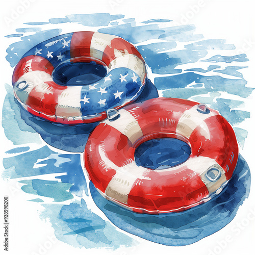 Patriotic Inflatable Rings Floating on Water in Watercolor Style