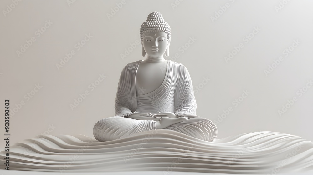 23. Modern 3D Buddha with an intricate, high-tech design and smooth textures, floating against a pristine white surface. 23. Modern 3D Buddha with an intricate, high-tech design and smooth textures, floating against a pristine white surface.