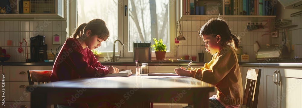 children studying in the kitchen at home, back to school children studying in the kitchen at home, back to school