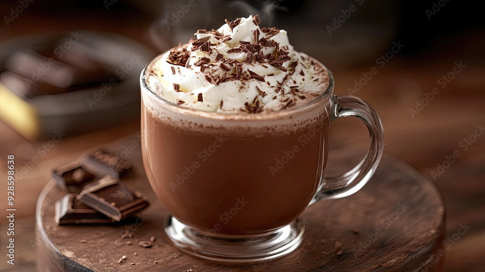 A steaming cup of hot chocolate in a glass mug, topped with whipped cream and chocolate shavings. A steaming cup of hot chocolate in a glass mug, topped with whipped cream and chocolate shavings.