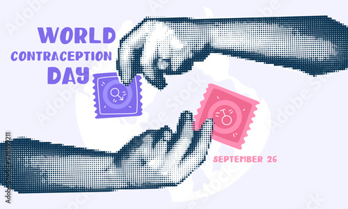 Hands holding contraceptives, a collage in the style of pop art grunge. World Contraception Day, September 26 in halftone style with dots vector. hands held by a male, female condom in different poses