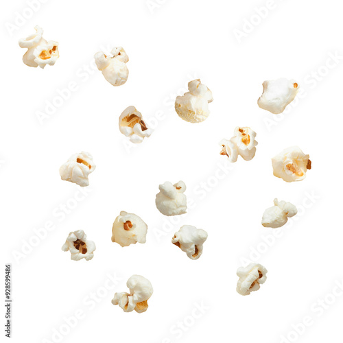 Flying or falling pieces of popcorn on a white or transparent background.