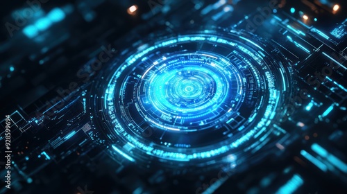 Abstract Futuristic Blue Circular Interface with Glowing Lines