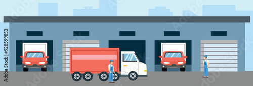Truck garage vector illustration. Delivery truck illustration. Truck parking in garage. Storehouse transportation. Warehouse truck delivery. Warehouse transportation.