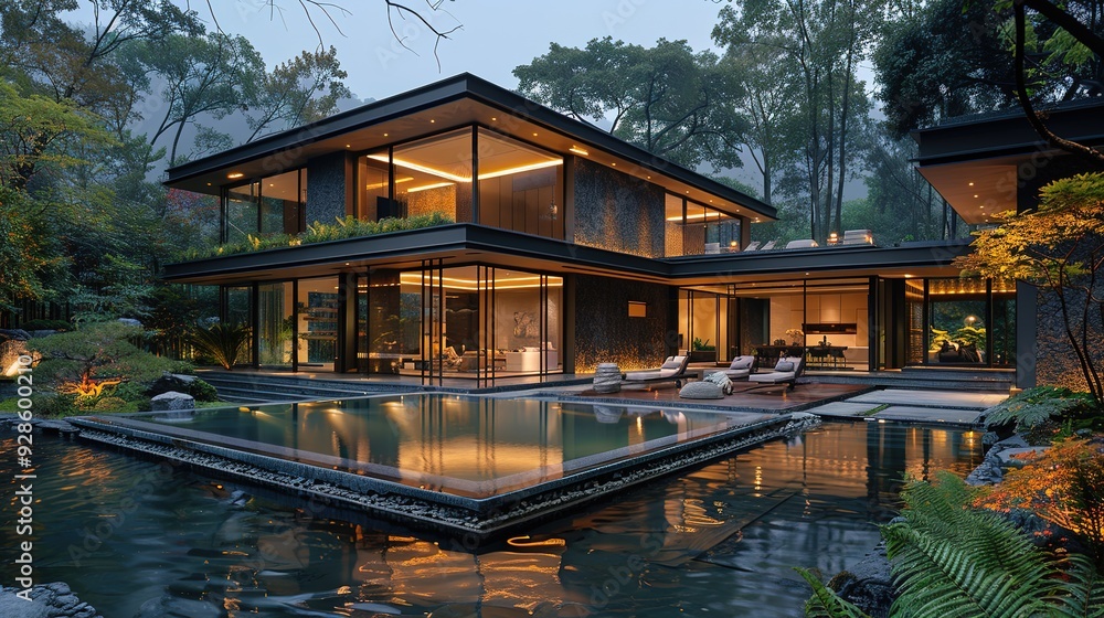 Modern home with a pool and lush greenery in the evening. Modern home with a pool and lush greenery in the evening.
