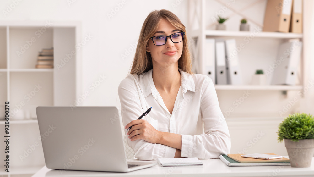 Successful Businesswoman. Confident Entrepreneur Lady Sitting At Laptop Smiling At Camera Working In Modern Office. Successful Businesswoman. Confident Entrepreneur Lady Sitting At Laptop Smiling At Camera Working In Modern Office.
