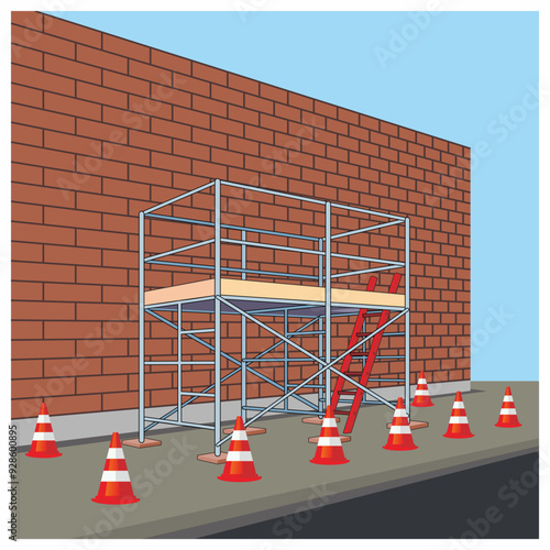 3D view vector illustration of scaffolding for construction work. Brick installation project. Using safety cone for barricade dangerous area.