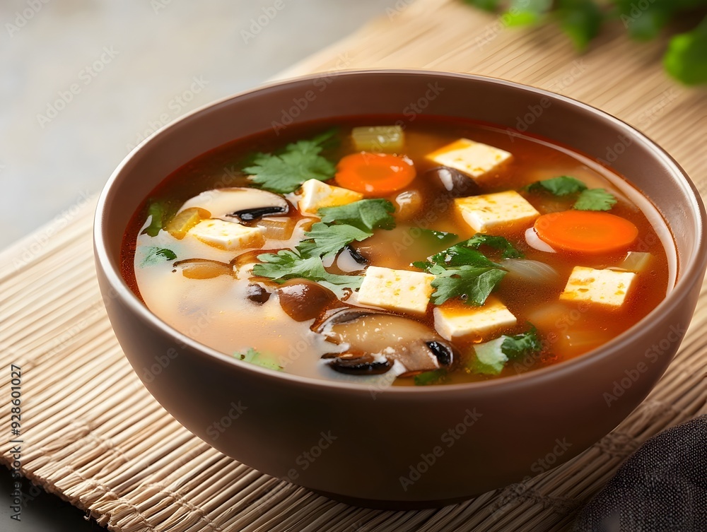 Appealing 3D Rendered Bowl of Warm and Inviting Vegetarian Soup Featuring Tofu and Mushrooms on a Clean Minimal Background with Ample Copy Space Appealing 3D Rendered Bowl of Warm and Inviting Vegetarian Soup Featuring Tofu and Mushrooms on a Clean Minimal Background with Ample Copy Space