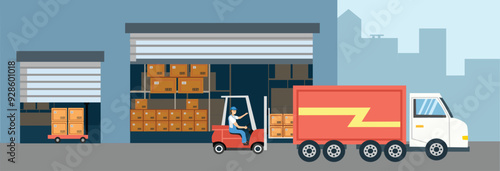 Warehouse distribution illustration. Warehouse management system. Delivery truck. Box packet. Logistics and storehouse. Warehouse building. Work in a warehouse.