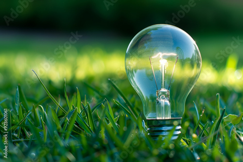 Glowing light bulb in the grass. Eco-friendly, renewable, clean energy concept