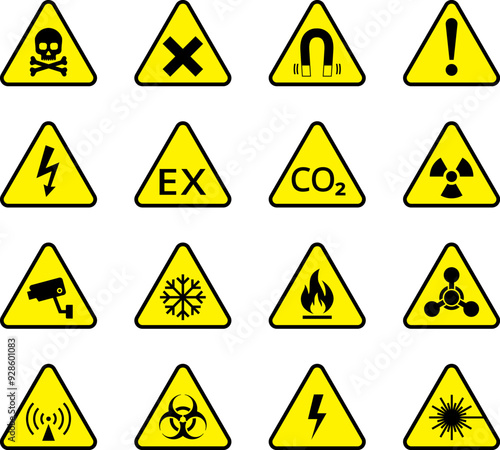 Yellow triangle warning biohazard, radioactive, nuclear and toxic sign icons set. Biohazard, chemical hazard warning triangular vector symbol stickers. Caution danger sign.