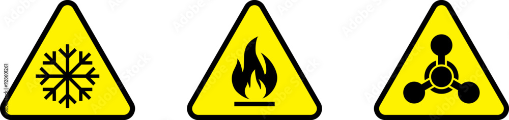 Yellow triangle warning biohazard, radioactive, nuclear and toxic sign icons set. Biohazard, chemical hazard warning triangular vector symbol stickers. Caution danger sign.