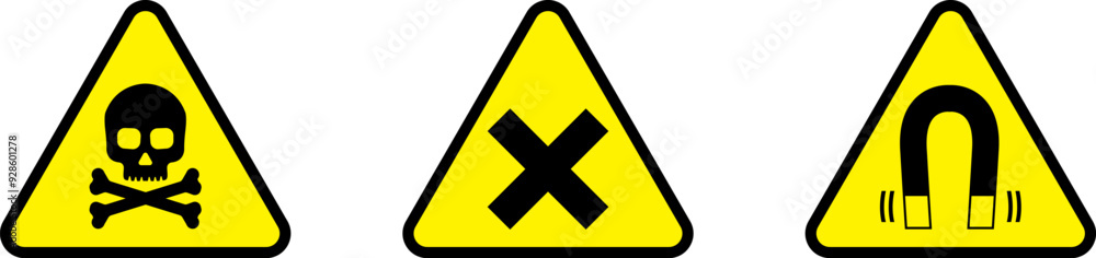 Yellow triangle warning biohazard, radioactive, nuclear and toxic sign icons set. Biohazard, chemical hazard warning triangular vector symbol stickers. Caution danger sign. Yellow triangle warning biohazard, radioactive, nuclear and toxic sign icons set. Biohazard, chemical hazard warning triangular vector symbol stickers. Caution danger sign.