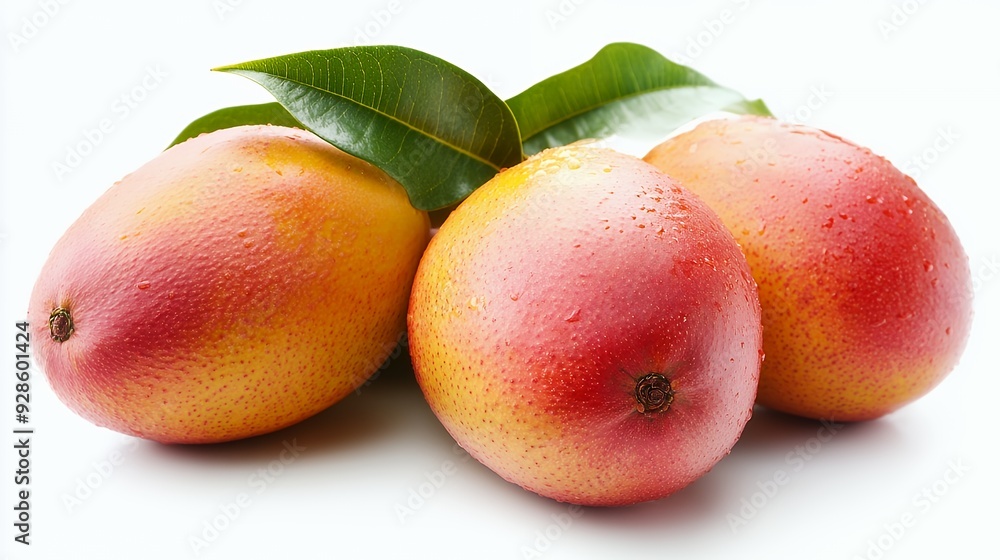Three ripe mangoes with green leaves and water drops isolated on white background.