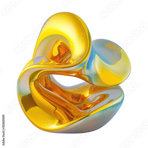 A gold sculpture of a twisted shape with a reflective surface