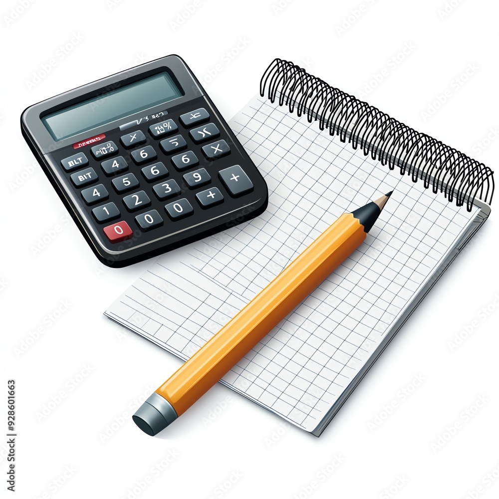 Calculator, notepad, and pencil for taking notes and calculating. Calculator, notepad, and pencil for taking notes and calculating.