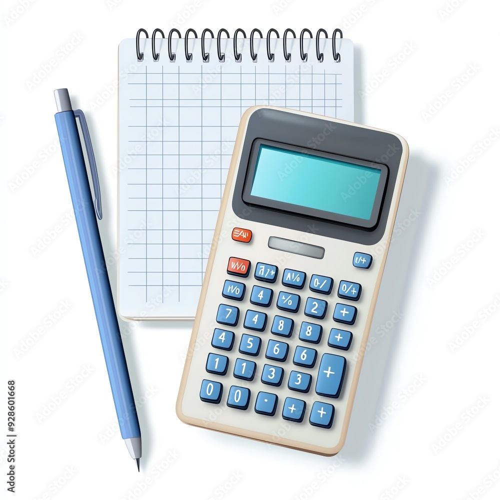 Calculator, pen, and notepad on a white background. Calculator, pen, and notepad on a white background.