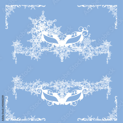 carnival mask and snowflakes making winter season frame border  -  seasonal party vector copy space background design elements set