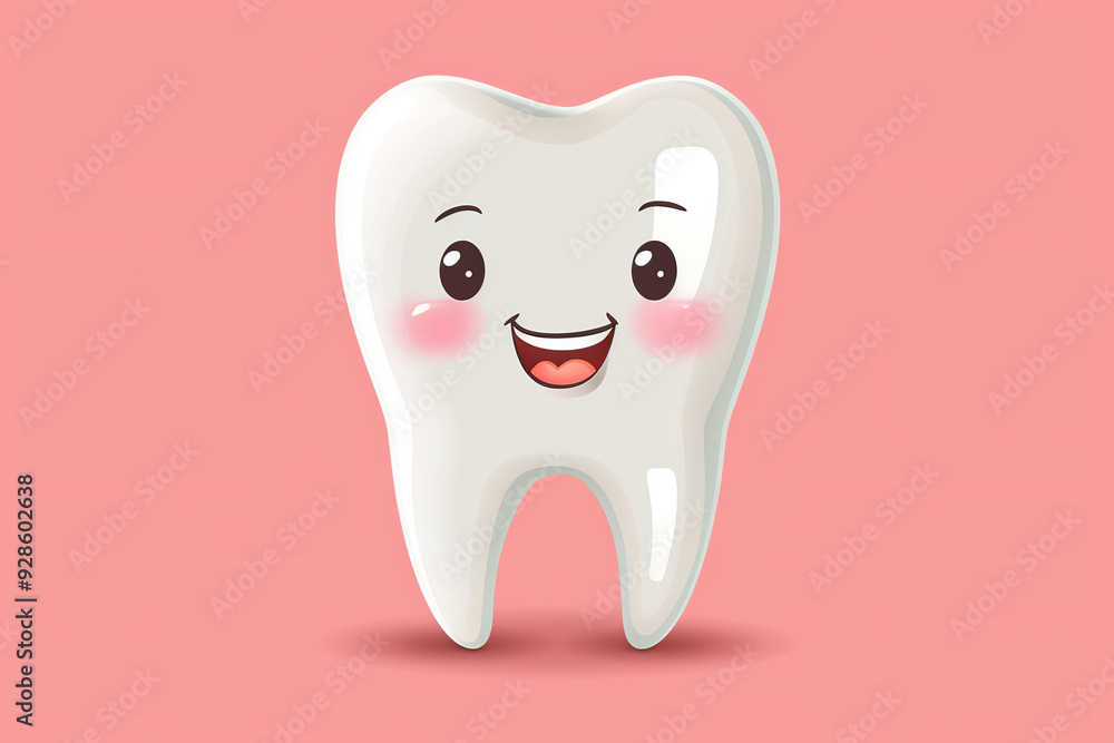 Happy tooth character with smiling face aims to encourage kids about oral hygiene. Happy tooth character with smiling face aims to encourage kids about oral hygiene.