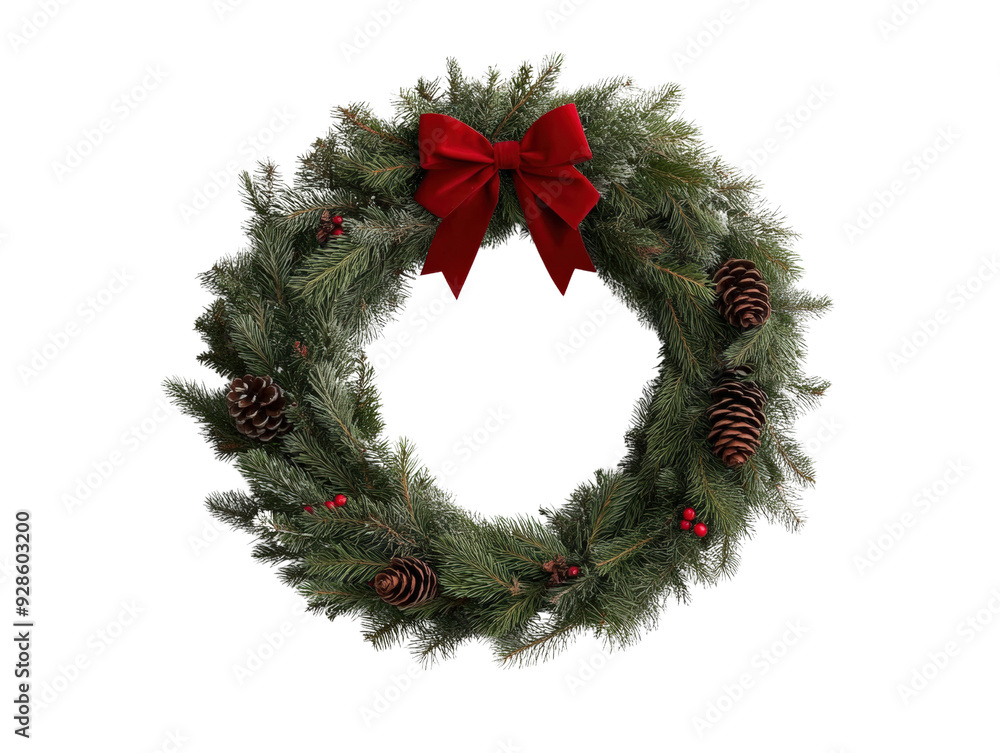 Festive Christmas wreath adorned with pine cones and a red bow, perfect for holiday decorations and celebrations. Festive Christmas wreath adorned with pine cones and a red bow, perfect for holiday decorations and celebrations.