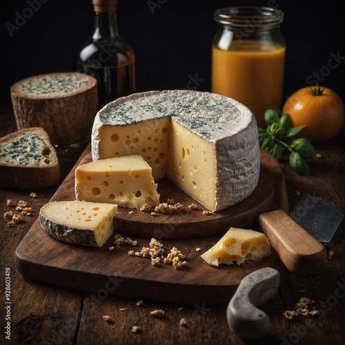 Enjoy a tastefully presented cheese board featuring a selection of aged and artisan cheeses with delicious accompaniments