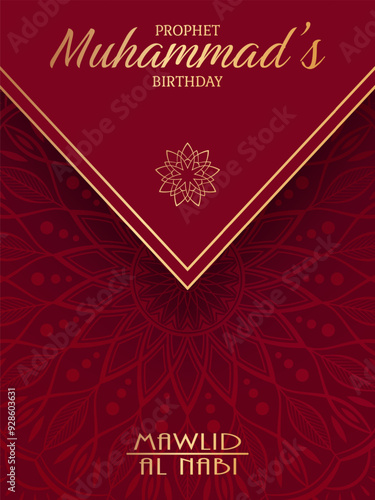 Golden text Prophet Muhammad's birthday on red background. Festive design for greeting card or poster for islamic celebration Mawlid Al Nabi.