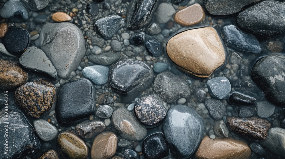 A close-up of a riverbed, with smooth stones in various shades of gray and brown. A close-up of a riverbed, with smooth stones in various shades of gray and brown.