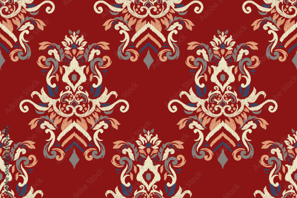Ikat floral seamless pattern on red background vector illustration.design for texture,fab,clothing,decoration,print. Ikat floral seamless pattern on red background vector illustration.design for texture,fab,clothing,decoration,print.