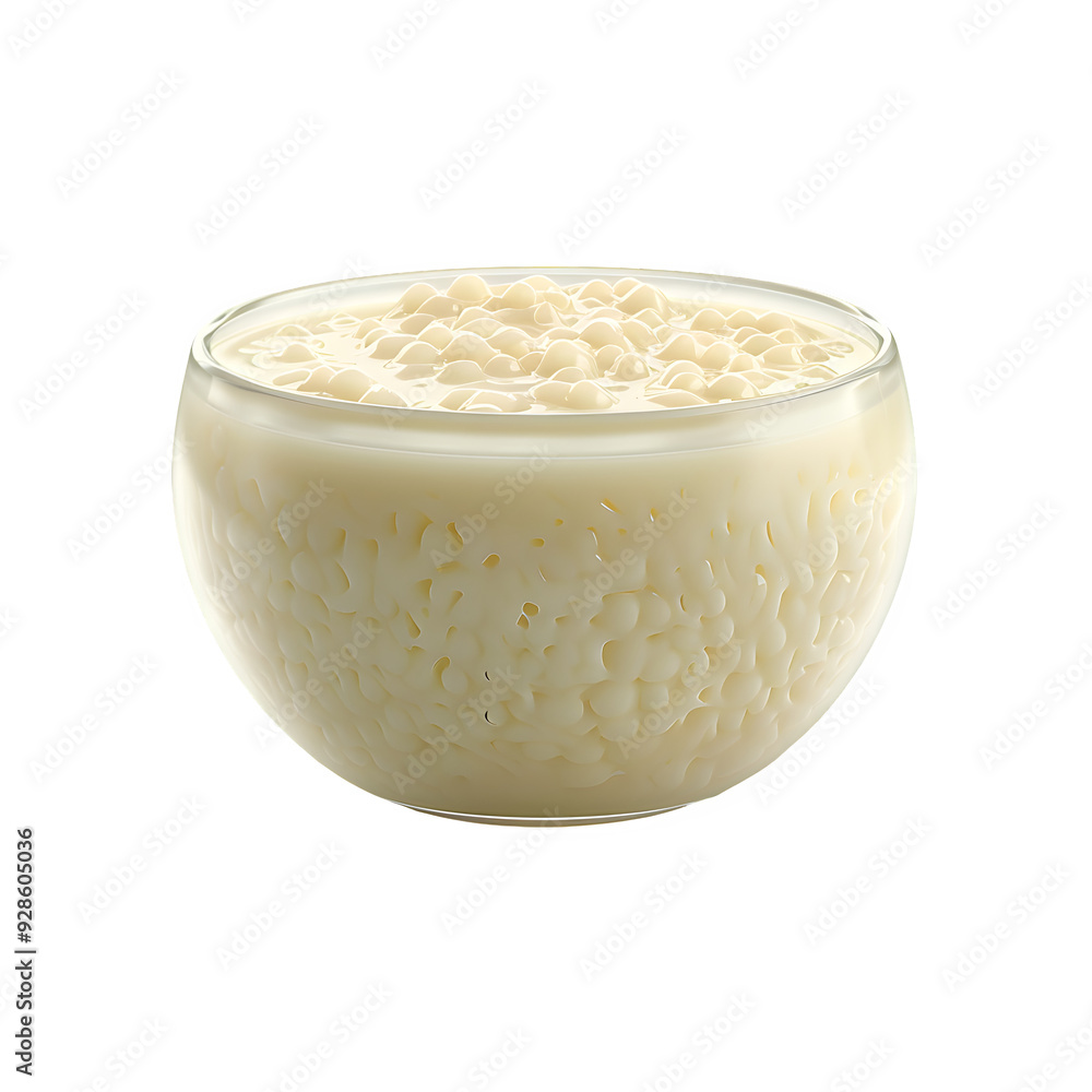 Clear bowl filled with smooth tapioca pudding, highlighting its texture and thickness, set against a see-through backdrop for simple inclusion in different designs Clear bowl filled with smooth tapioca pudding, highlighting its texture and thickness, set against a see-through backdrop for simple inclusion in different designs