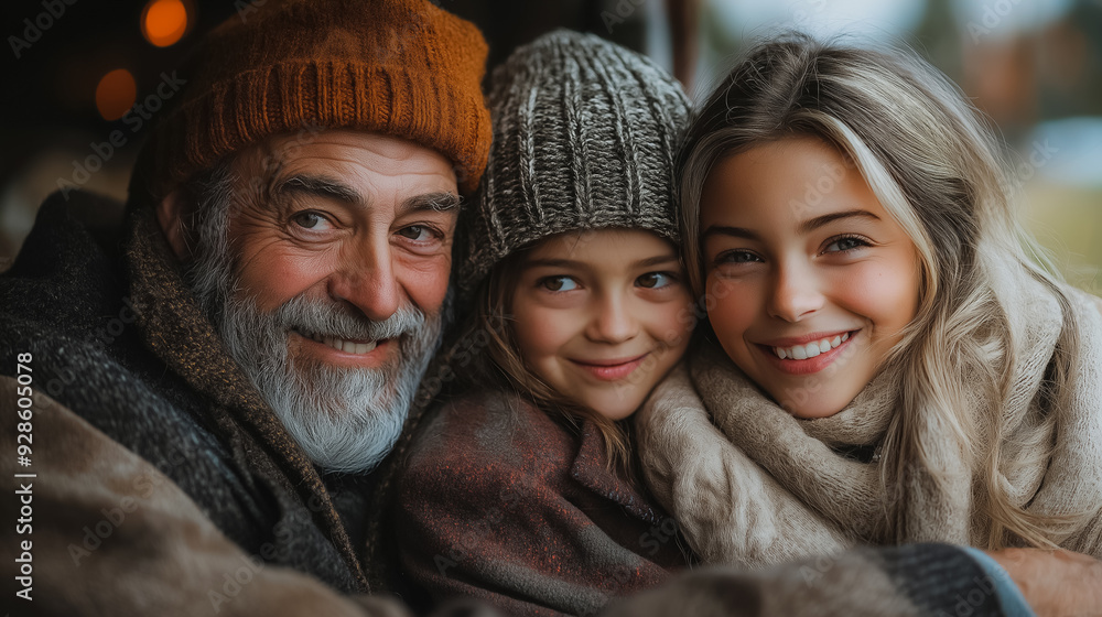 A man and two children are smiling and hugging each other. The man is wearing a hat and the children are wearing scarves. The scene is warm and cozy, with the family enjoying each other's company A man and two children are smiling and hugging each other. The man is wearing a hat and the children are wearing scarves. The scene is warm and cozy, with the family enjoying each other's company
