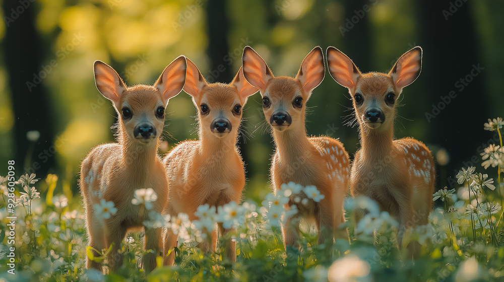 Four baby deer standing in a field of flowers Four baby deer standing in a field of flowers