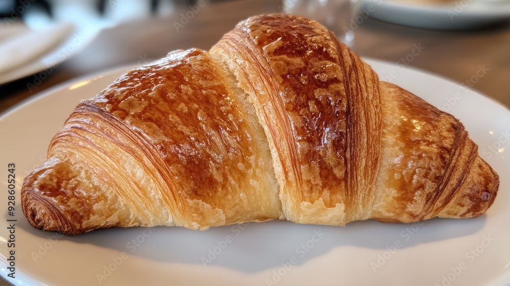 A close-up shot of a croissant bread on a white plate, with the buttery flakes perfectly visible. A close-up shot of a croissant bread on a white plate, with the buttery flakes perfectly visible.