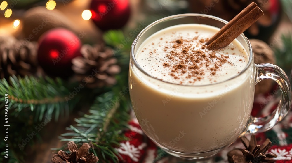 A creamy eggnog in a glass mug, topped with a sprinkle of nutmeg and a cinnamon stick, on a holiday-themed table. A creamy eggnog in a glass mug, topped with a sprinkle of nutmeg and a cinnamon stick, on a holiday-themed table.