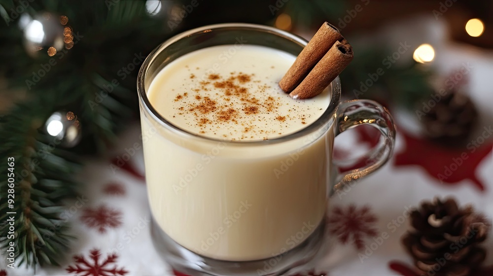 A creamy eggnog in a glass mug, topped with a sprinkle of nutmeg and a cinnamon stick, on a holiday-themed table. A creamy eggnog in a glass mug, topped with a sprinkle of nutmeg and a cinnamon stick, on a holiday-themed table.