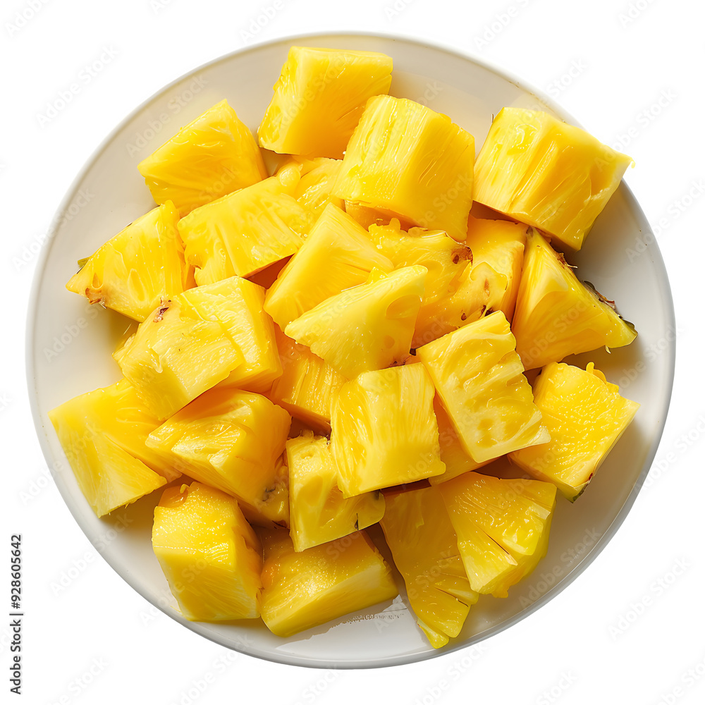 Juicy pineapple pieces in a clean bowl, set against a clear background, perfect for adding to your design or cooking creations Juicy pineapple pieces in a clean bowl, set against a clear background, perfect for adding to your design or cooking creations