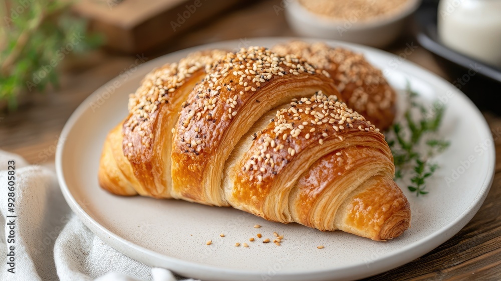 A croissant bread on a white plate, with a light scattering of sesame seeds on top, adding a unique twist. A croissant bread on a white plate, with a light scattering of sesame seeds on top, adding a unique twist.