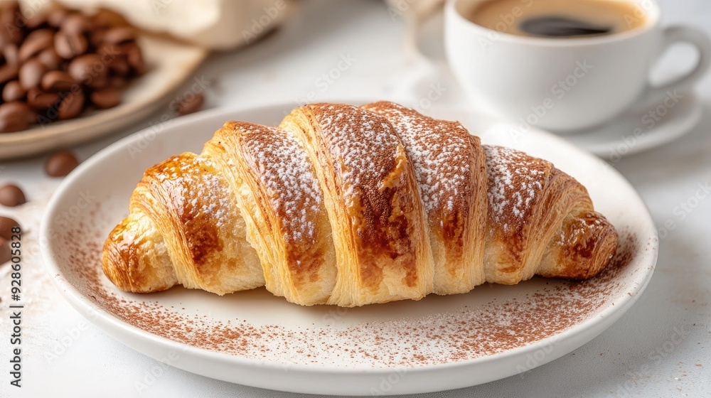 A croissant bread on a white plate, with a light dusting of cocoa powder and a cappuccino in the background. A croissant bread on a white plate, with a light dusting of cocoa powder and a cappuccino in the background.