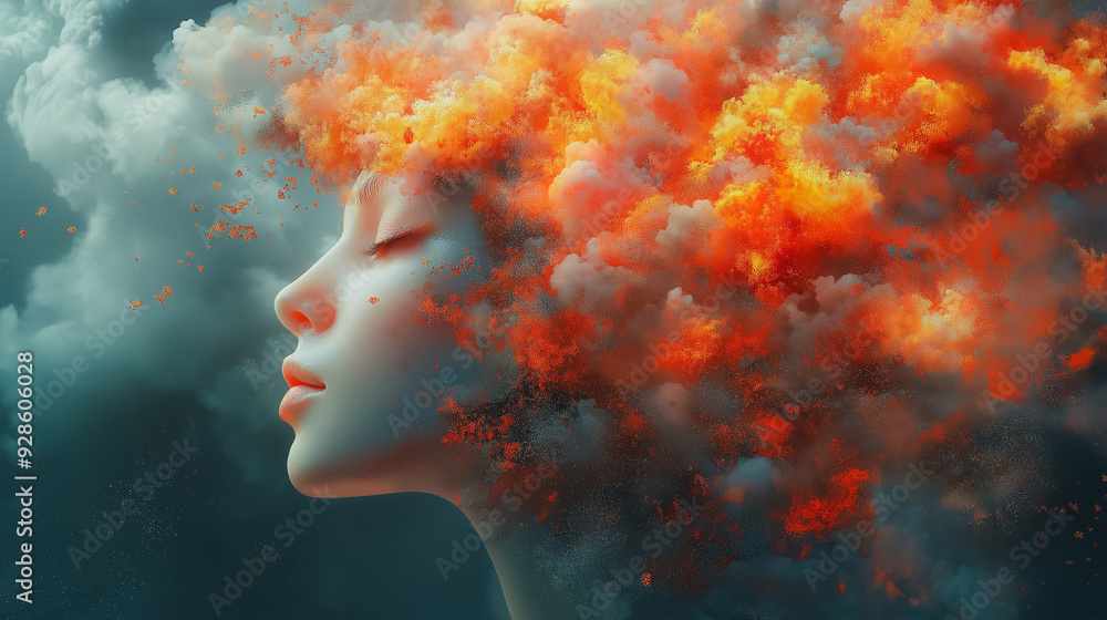 A woman's face is shown with a fiery orange cloud above her head. The image has a surreal and dreamlike quality, with the woman's face appearing to be floating above the clouds A woman's face is shown with a fiery orange cloud above her head. The image has a surreal and dreamlike quality, with the woman's face appearing to be floating above the clouds