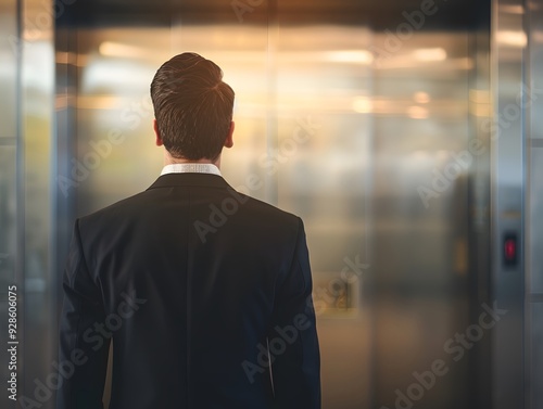 A businessman in a suit standing in front of elevator