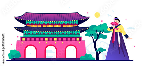 Architecture and national clothes of Korea - modern colored vector illustration with girl dressed in Hanbok - fan, skirt, belt and jacket and Palace Complex for members of the royal family in Seoul