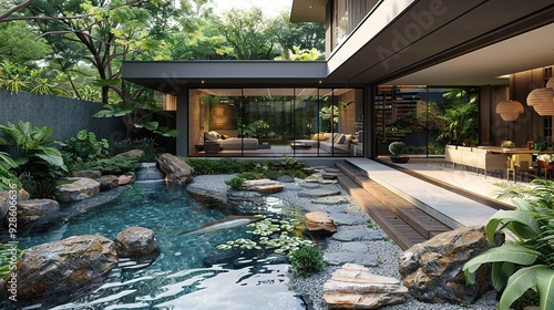 Wallpaper Mural Modern home with a serene Japanese garden featuring a koi pond and stepping stones. Torontodigital.ca