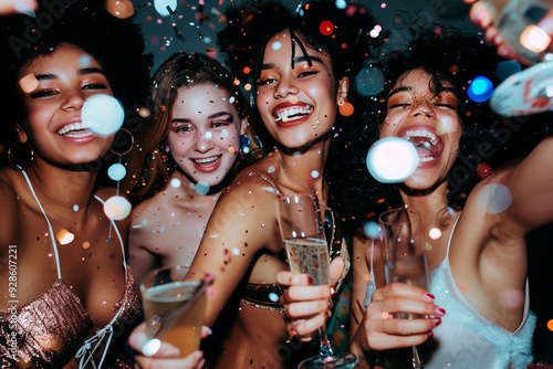 AI generated photo of beautiful girls celebrating New Year's Eve with champagne and confetti. Festive sparkle New year's party. Girl's night out photo