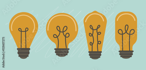 Set of abstract light bulb in minimalistic flat style. Idea brainstorm concept. Simple lamp collection