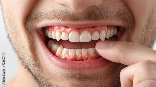 Man Demonstrating Inflamed Gums Close-up on White Background