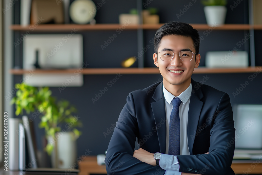 Fototapeta premium Portrait of young confident Asian businessman CEO sitting in modern office while looking at camera