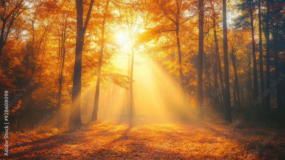 Obraz premium A forest with a sun shining through the trees, AI