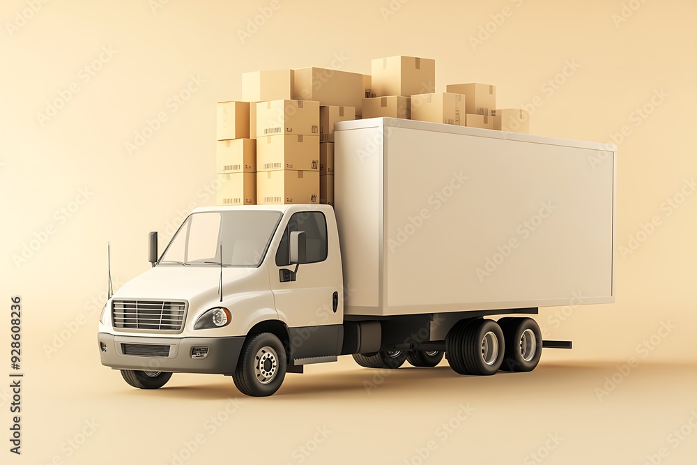 White delivery truck with open cargo area revealing stacked cardboard boxes, set against light beige background. White delivery truck with open cargo area revealing stacked cardboard boxes, set against light beige background.